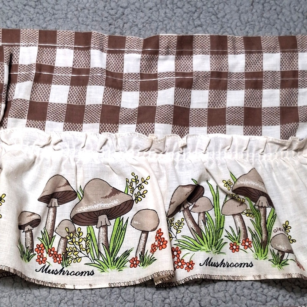 Vintage Mushroom Curtain 3 Valances Brown Checkered JCPenney Fashion Manor Retro